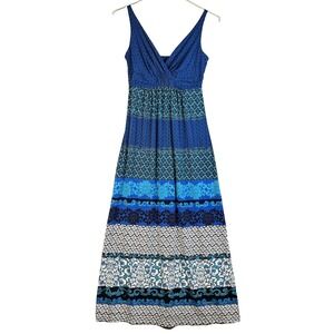 Soma Womens Sleeveless Maxi Dress Blue Multicolor Border Print Stretch Jersey XS